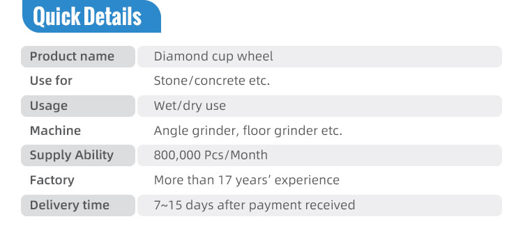 Diameter Customized Acceptable 100mm Cup Diamond Grinding Wheel for Slabs Polishing