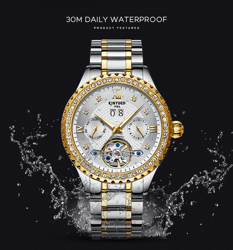 KINYUED calendar wrist watch gold dial with diamond case automatic mechanical watch