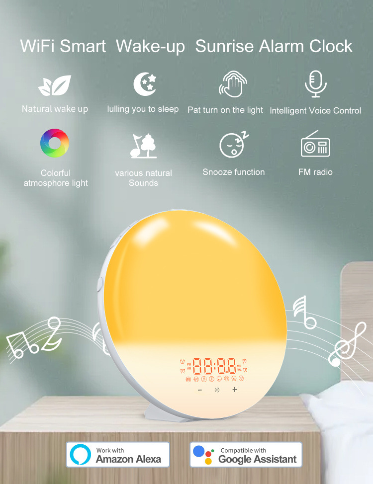 2022 New Smart APP Sunrise Wake up Light Alarm Clock with 8 Natural Music Sunrise Simulation Bedside Night light with FM