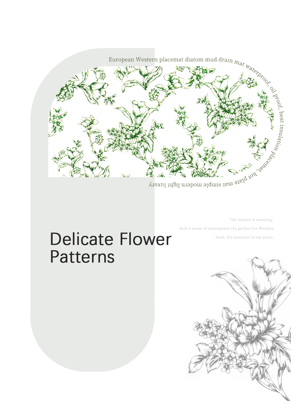 Rectangle Diatom Flower Dining Table Placemats Sustainable Table Cloth Design Style