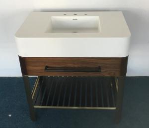 Wholesale Single Sink walnut wood veneer with brass metal base and black metal slats shelf hotel bathroom vanity from china suppliers