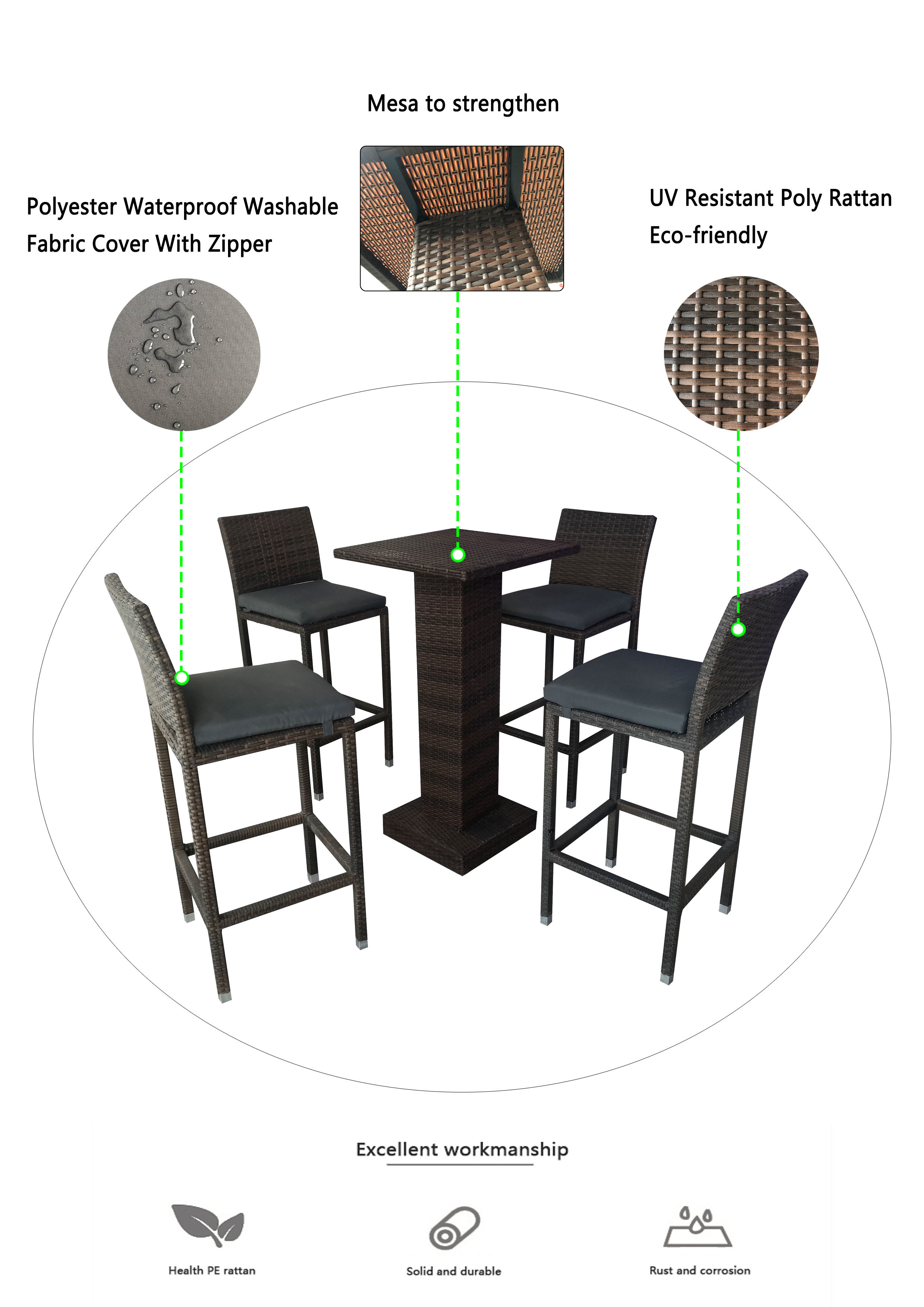 Classic outdoor bar balcony table and chair combination garden rain-proof rattan leisure bistro high table and bar stool