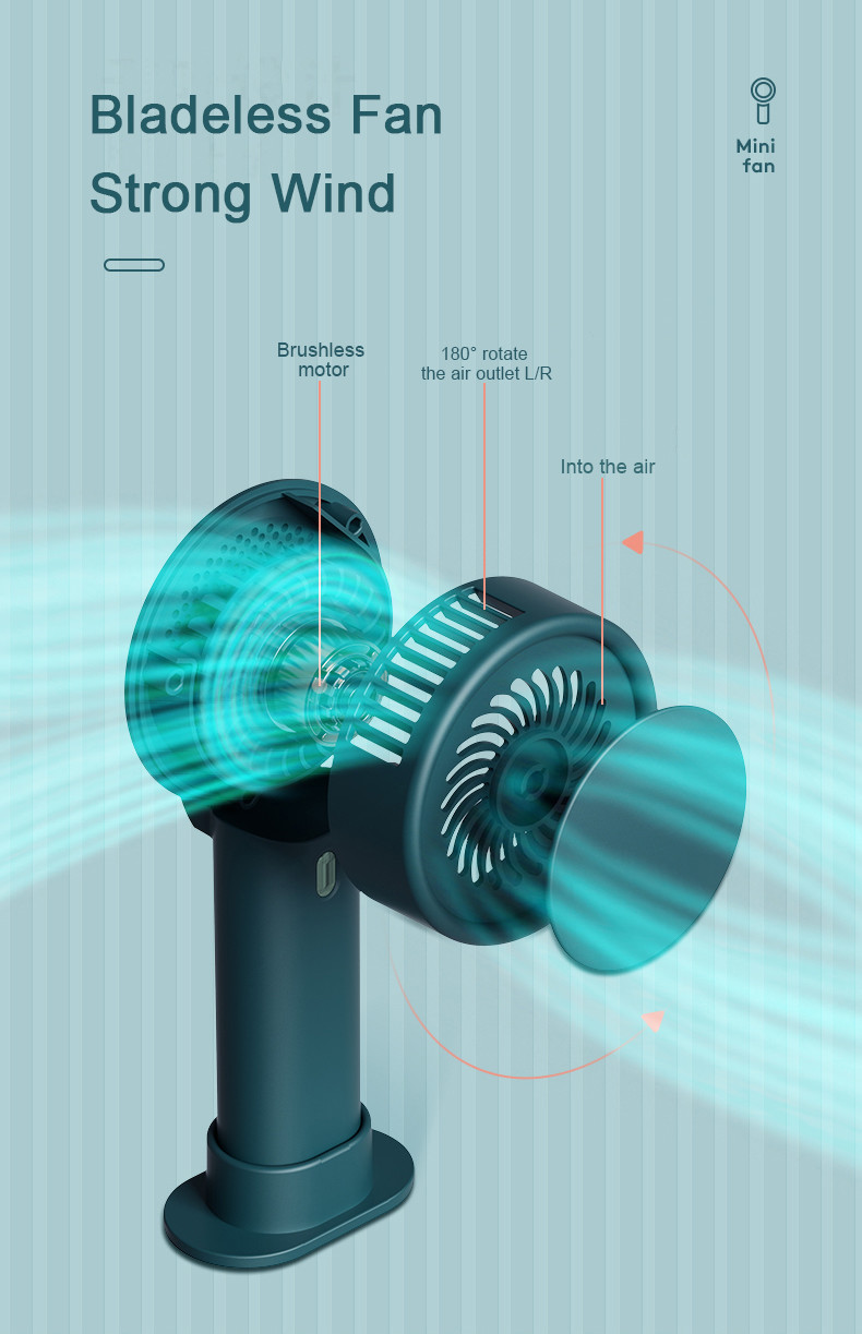 Bladeless Portable USB Handheld Fan 10hrs Outdoor Cooling 180 Degree Rotation