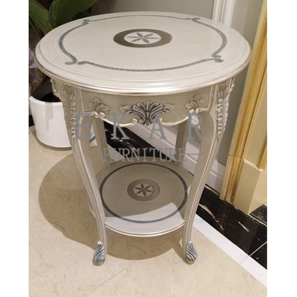Classic Living Room Carved Gray Round Wooden Side Table