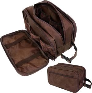 Wholesale Dark Brown Water-resistant Dopp Kit PU Leather Shaving Pouch Organizer Travel Bag for Accessories Cosmetic Hygiene from china suppliers