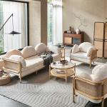 Wood Rattan Living Room Simple Sofa Country Style Sponge Upholstery Teddy Fabric