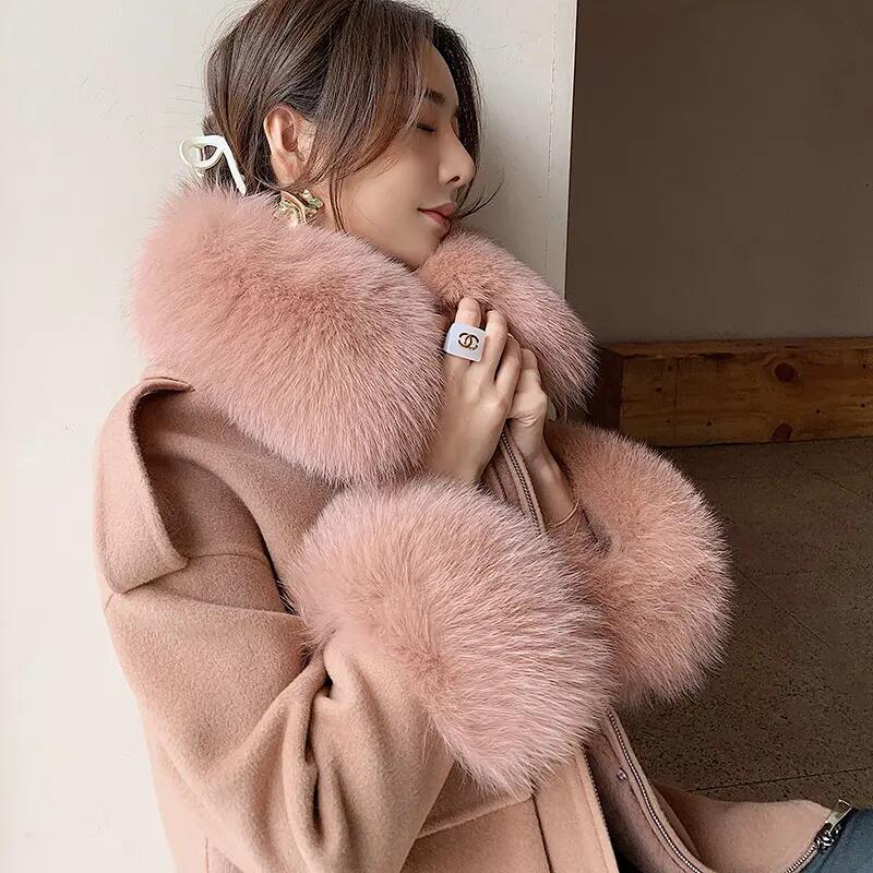 Korean Style Fall Winter Short Real Fox Fur Coat Women Genuine Wool Coat for Women with Fur Collar