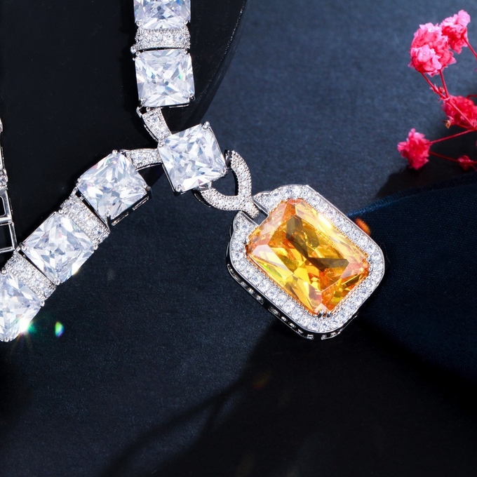 Square Shaped Pendant Necklace with Dazzling CZ Fashion Necklace Bracele Earring Wedding Necklace Jewelry Sets