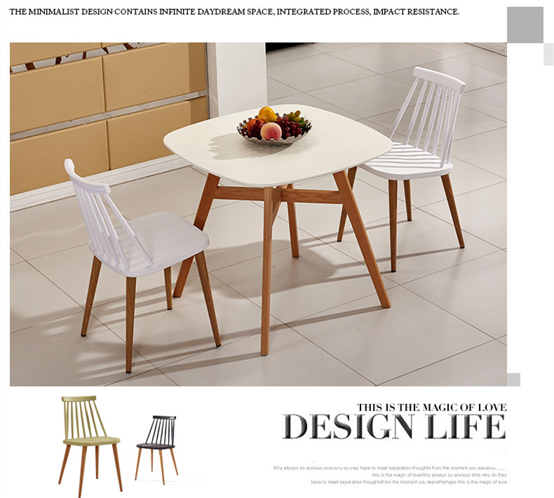 High Back Plastic Dining Chairs Arc Design With Wood Print Transfer Iron Legs