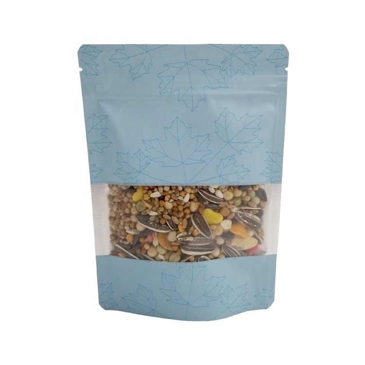 Food Packaging Maple Leaf Pattern Printed Zipper Bag Kraft Paper Aluminum Foil Inside Stand Up Colorful Window Pouch