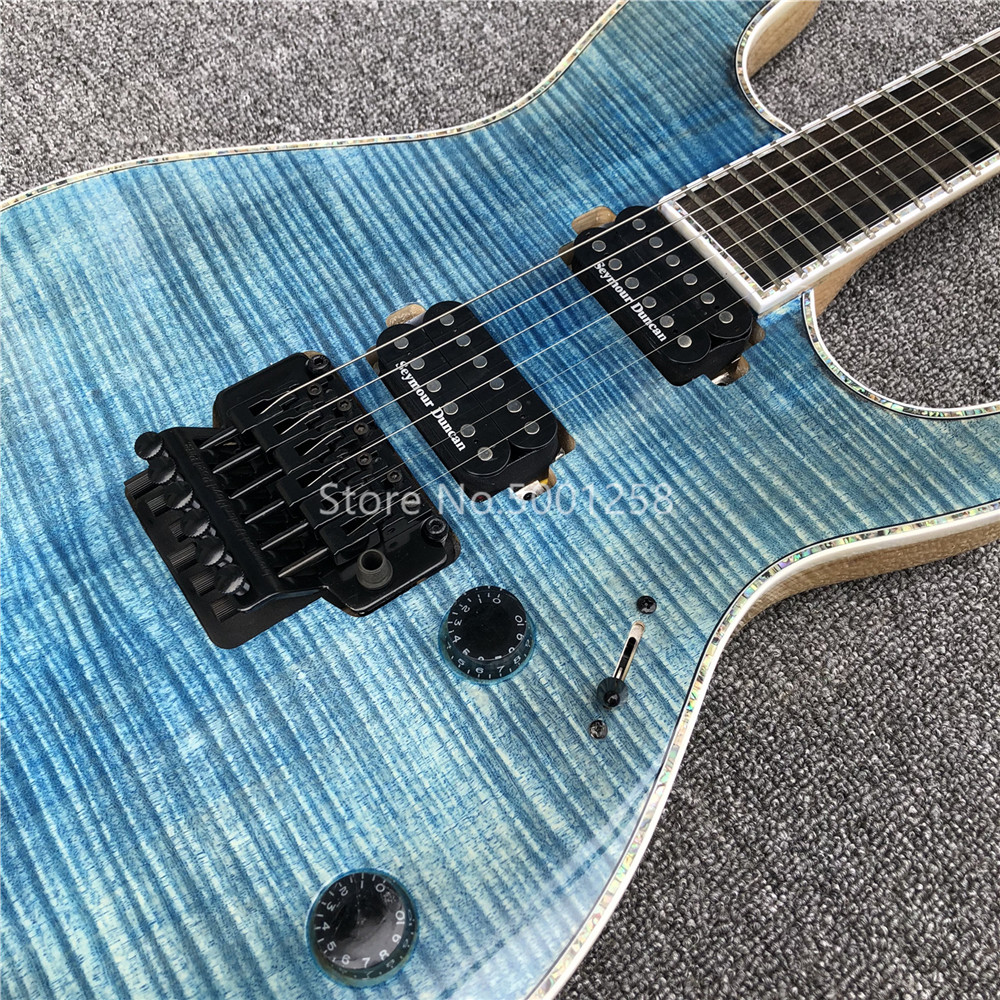 Light blue Quilted Flame Maple Mayones Electric Guitar,2019 New S logo Neck through body 6 Strings Guitar