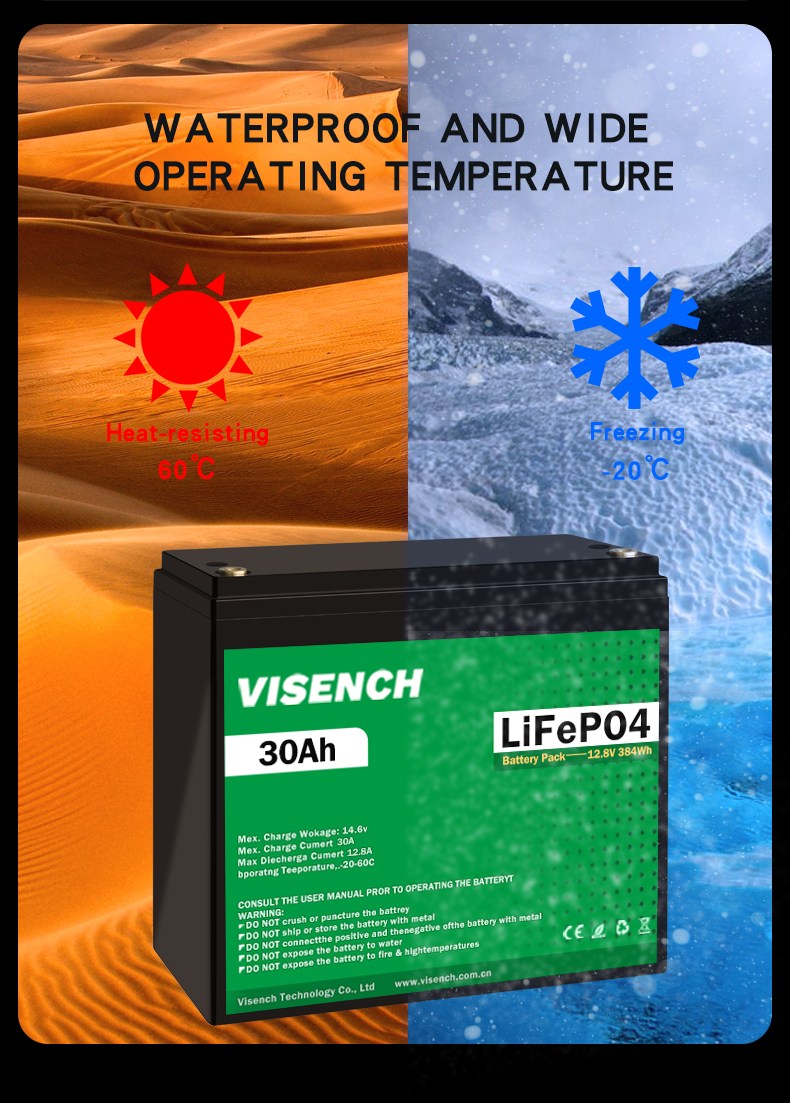 Visench 12V 30Ah Lithium Ion Iron Phosphate Battery Rechargeable 12.8V Lifepo4 Battery Pack