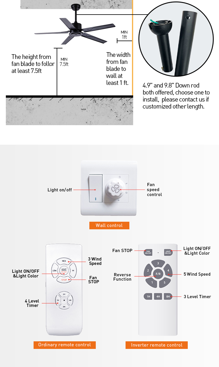 Loft Style Iron Blade 42 inch 52 inch Time Setting RF Remote Control Ceiling Fan Light