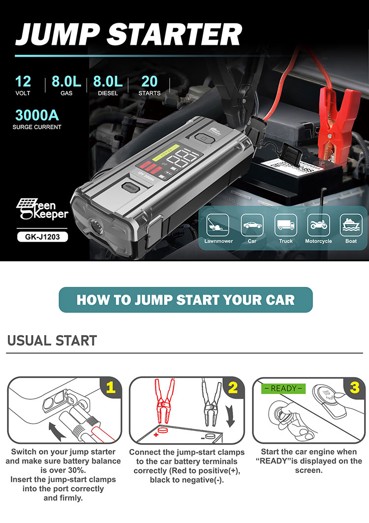 High Capacity 20000mAh Car Jump Starter Power Bank with 3000A Output and LED Work Light