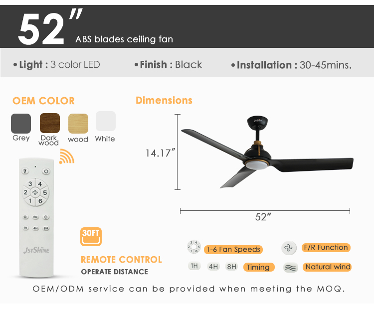 ETL Certificate 1stshine LED Ceiling Fan in Black Color with Remote Metal ABS Material