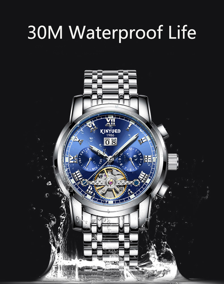 KINYUED J015-2 Luminous OEM Custom Watches Waterproof Stainless Steel Strap Automatic Mechanical Men's Watch