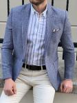 Slim Fit Self Patterned Blue Business Casual Blazer Outfit