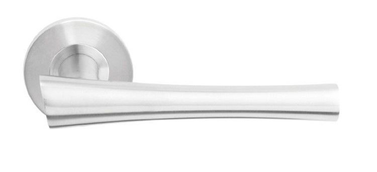 Satin brushed stainless steel door handle with round backplate