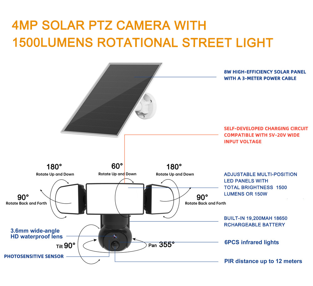 4G Spotlight Camera Outdoor 8W Solar Powered 4MP Live View Solar IP Camera