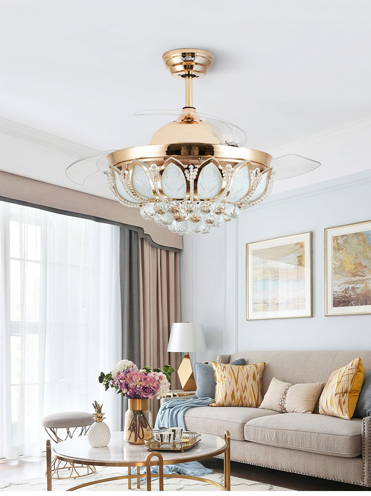 Controlling Mode WIFI Crystal LED Ceiling Fan Light with Hidden Blades and Wall Control