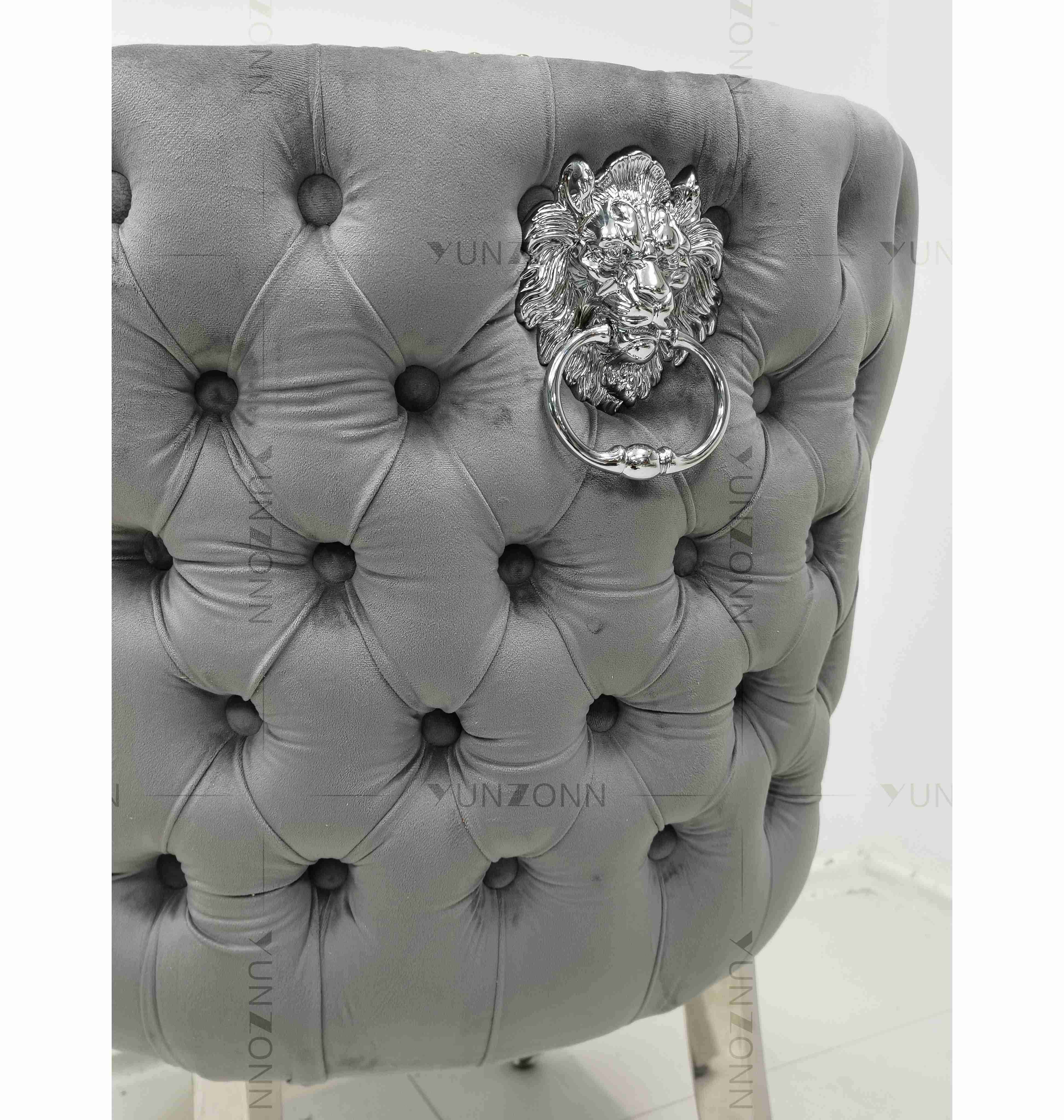 Gray Power Lion Buttoned Back Dining Chair Padded Dining Room Chairs Silver Stainless Steel Legs