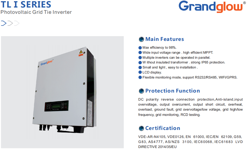 Photovoltaic Solar Power System 3KW 5KW 10KW Single Phase Grid Tie Inverter