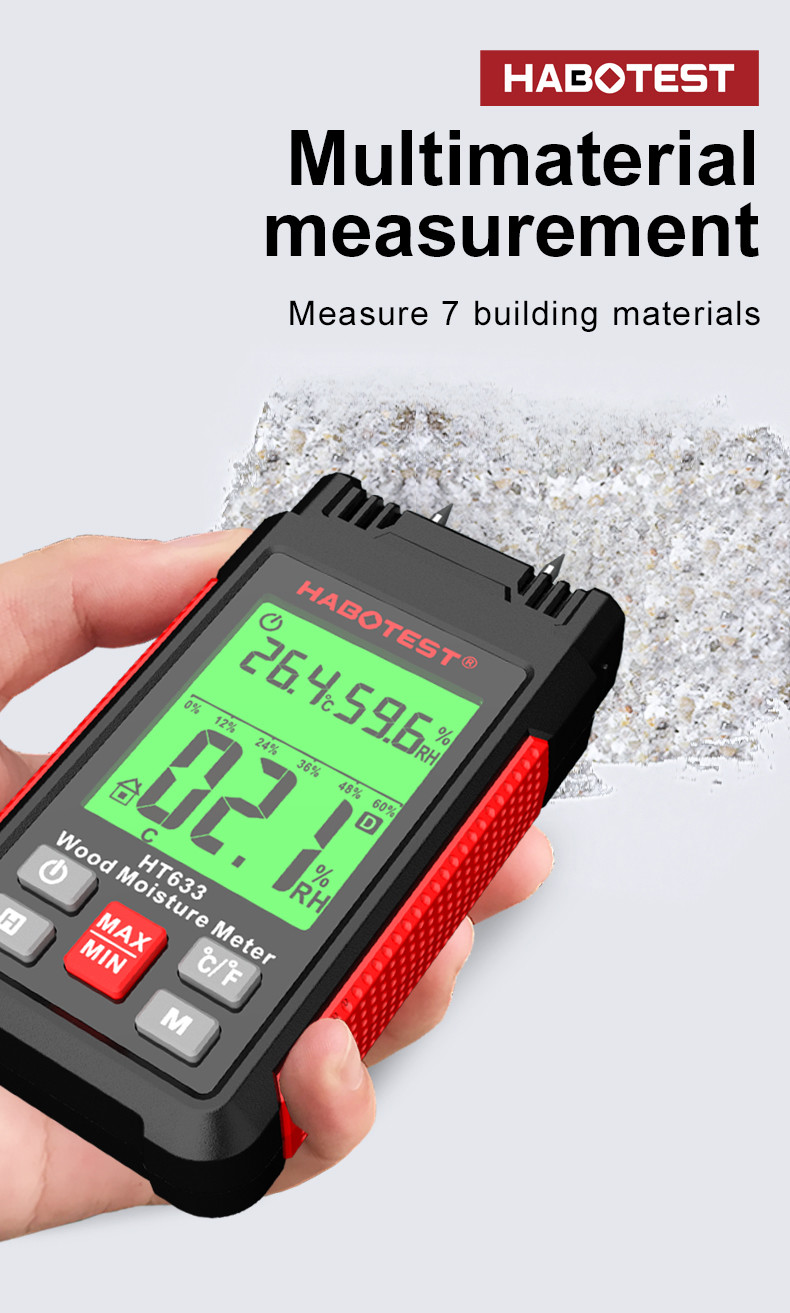 HT633 Wood Moisture Meter Pin Type Digital Moisture Detector Ambient Temperature Humidity with LCD Backlight Display