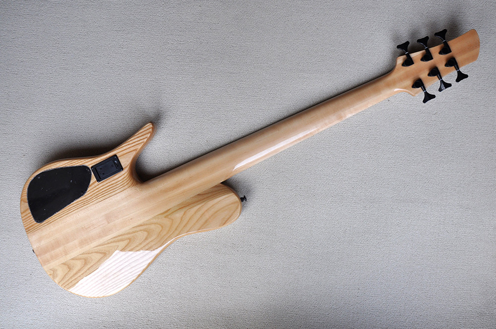 Custom 6 Strings Neck Thru Body Electric Bass Guitar with 24 Frets Active Pickup Maple Fretboard Natural Wood Color