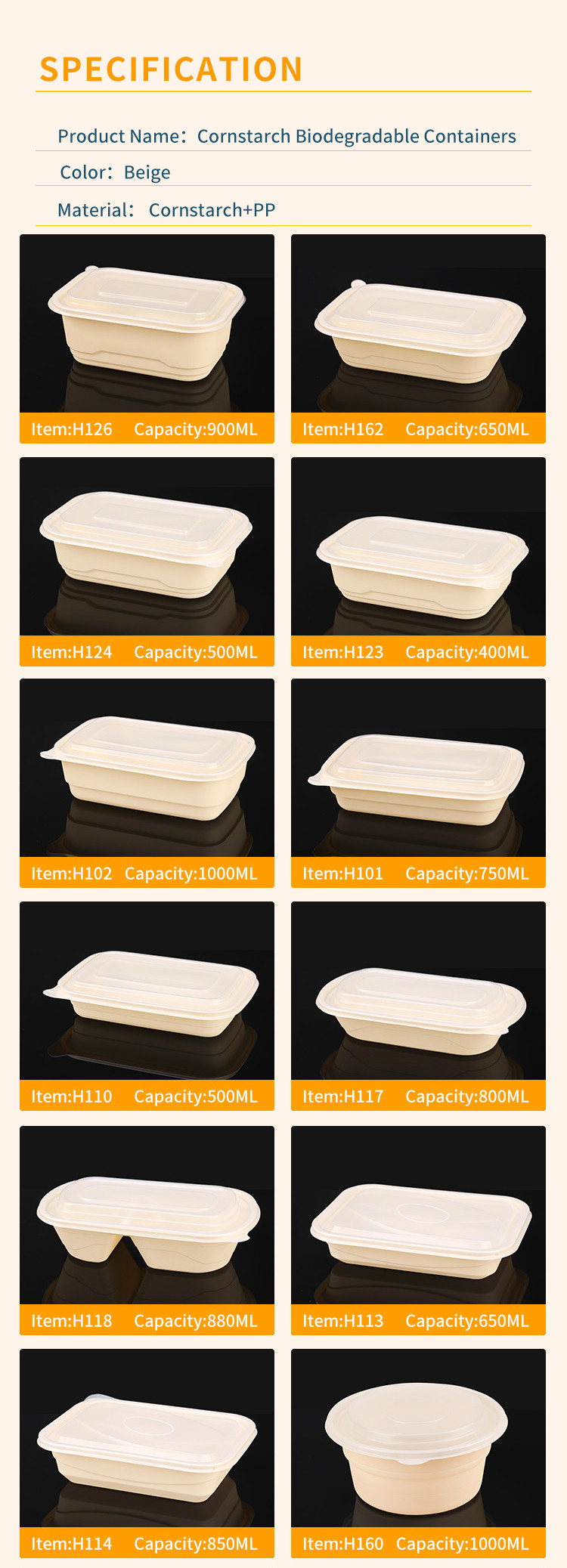 The new design of take-out food packaging lunch box corn starch 500ml rectangular food container