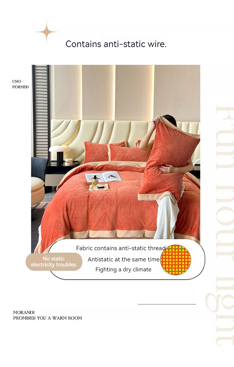 230g Carved Milk Velvet Winter Bedding Set Solid Pattern 4 Pcs for King Size Comforter