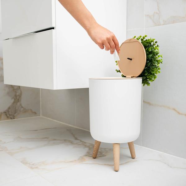1.8 Gal White Wood Push Small Home Bathroom Trash Can Small Office Bathroom Garbage Can with Plant Style Lid