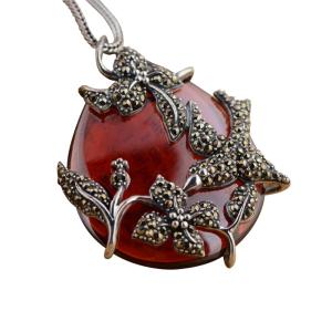 Wholesale Sterling Silver Vintage Red Agate Marcasite Charm Pendant Necklace (N808070) from china suppliers