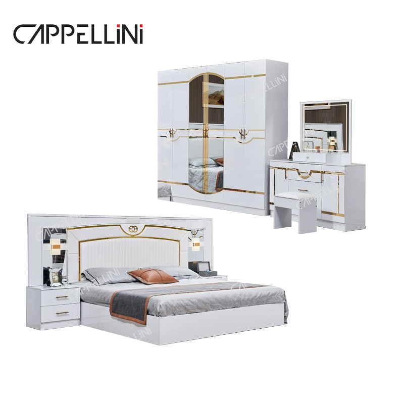 Luxury White Wood Double Leather King Size Bed Home Master Room Modern Wooden Frame Full Bedroom Furniture Set