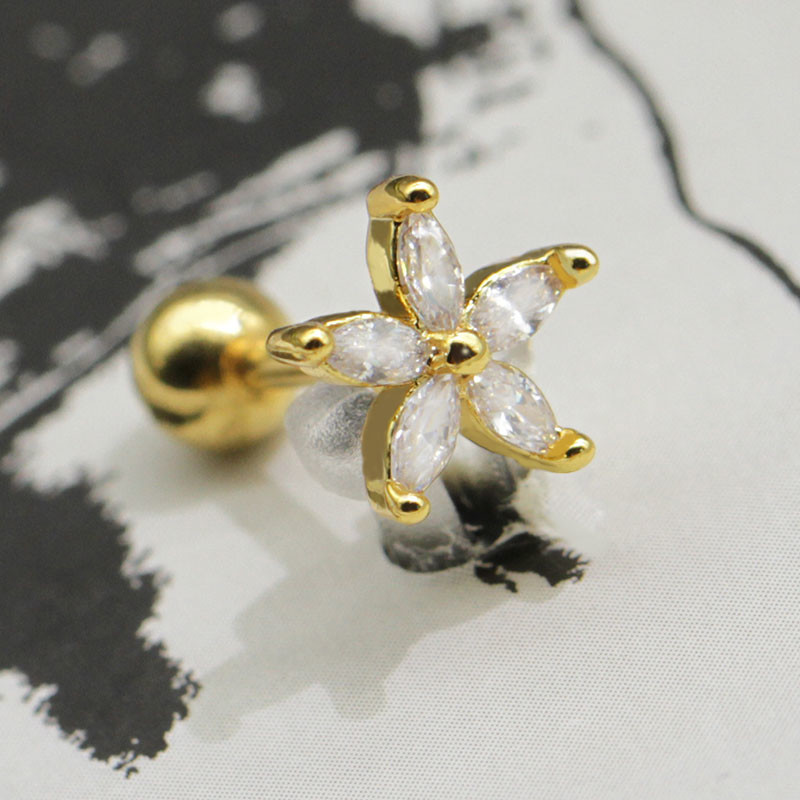 Gold Flower Ear Piercing Jewellery Clear Gems 1.2mm 16 Gauge Earrings Studs