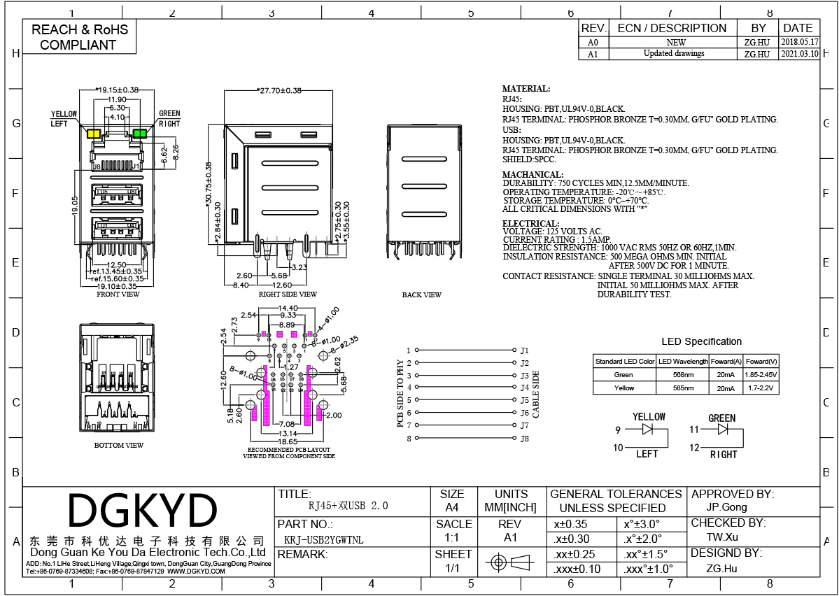 Three deck stacked USB RJ45 connector , RJ45 with double USB Jack USB2.0 KRJ-USB2YGWTNL