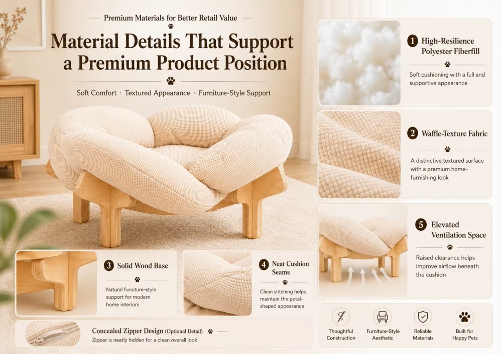 Eco-Friendly Sturdy Solid Wood Frame Elevated Cat Bed With Removable Washable Cover
