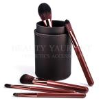 Brown Wooden Handle Makeup Brushes 5 Piece Makeup Brush Set With Pu Cylinder