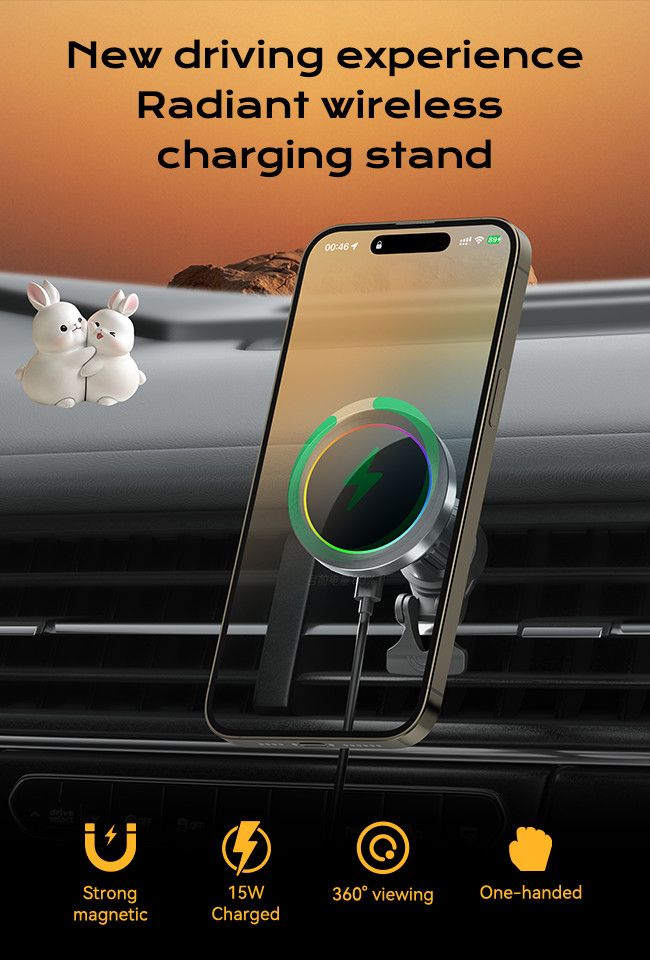 Aluminium Alloy Texture RGB Light Effect Adjustable Minimum Car Phone Holder Fast Charging Iphone Wireless Charger Wireless