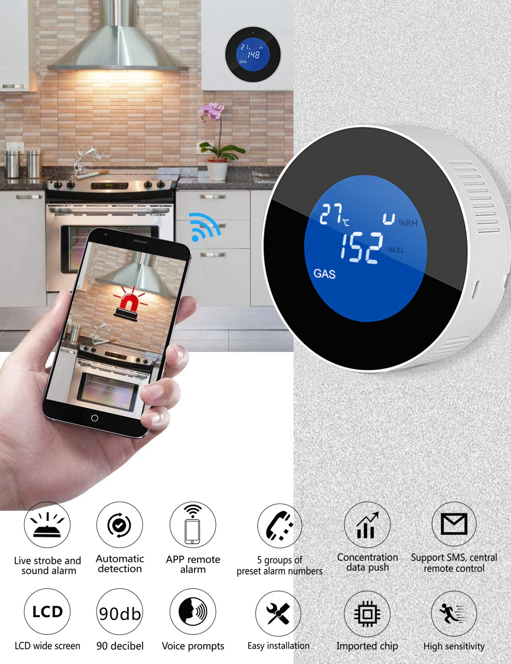 Glomarket Tuya Wifi Alarm System Led Digital Alarm Leak Detector Gas Sensor Gas Leak Detector