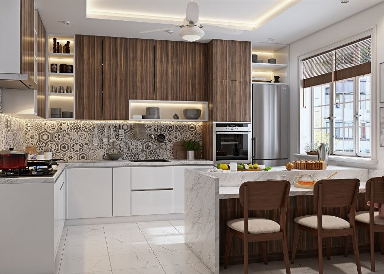 DTC 200cm Modern Stained Kitchen Cabinets With Painted Island Breakfast Bar