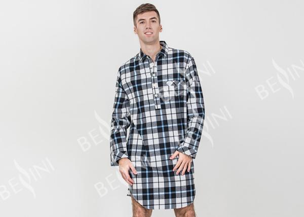 Mens Woven Cotton Brushed Twill Yarn Dyed Long Sleeve Nightshirt Button Placket
