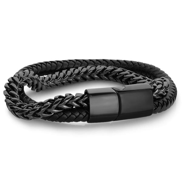 Mens 316L Stainless Steel Chain Bracelet Woven Rope PU Leather Cord Wrap