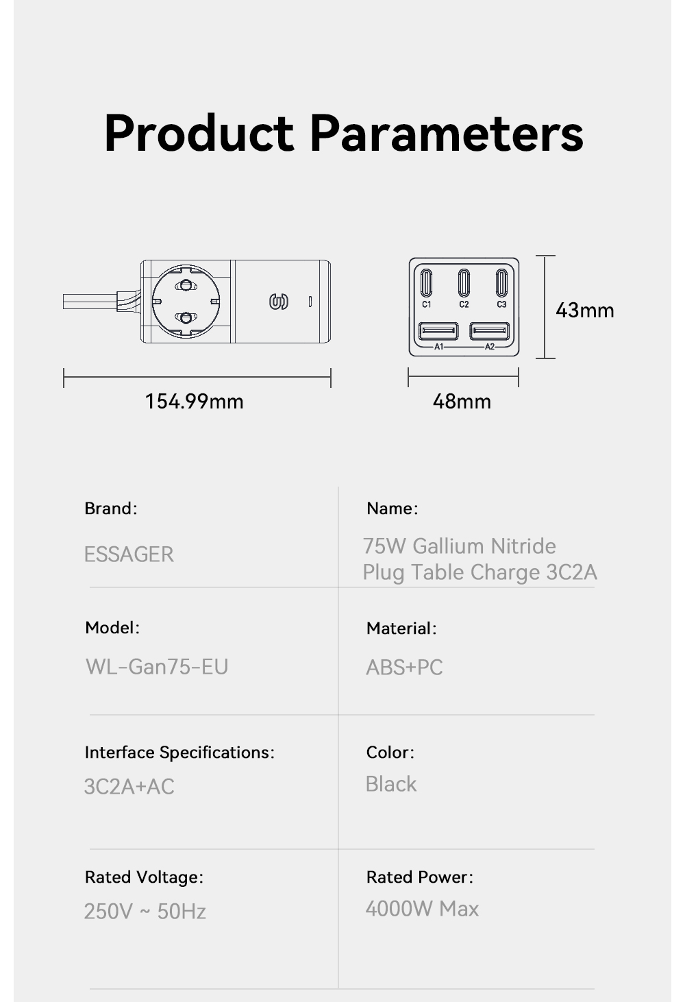 USB A USB C GaN Chargers Power Strip WL-Gan75-EU Series With EU Plug