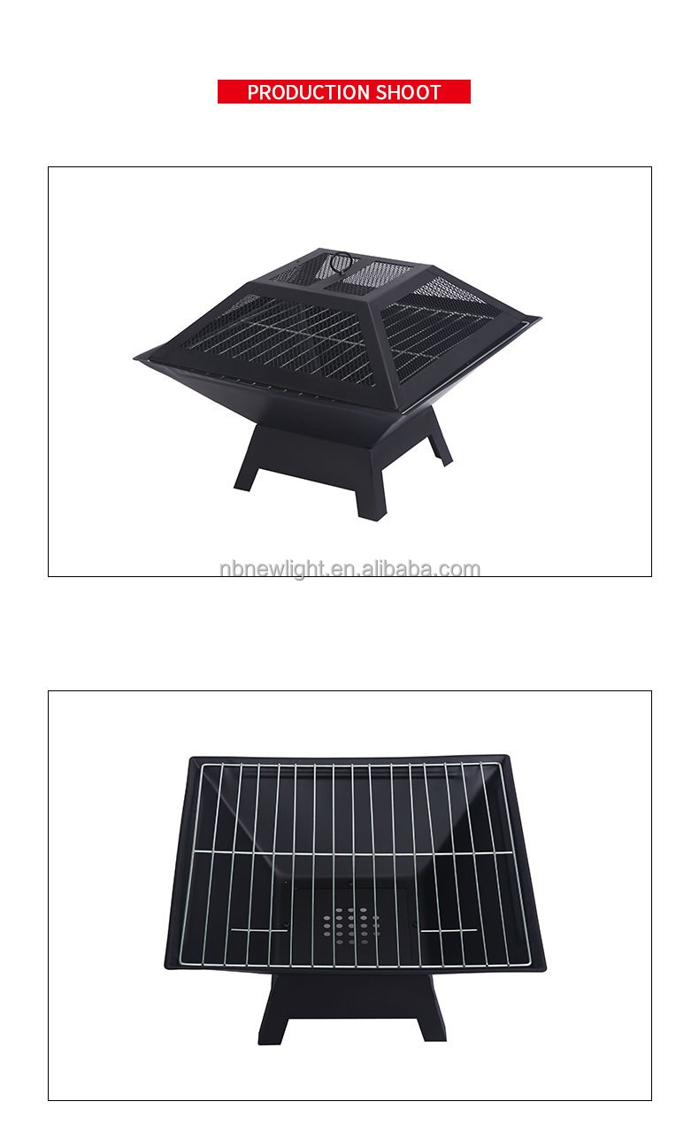 2 in 1 Outdoor Garden Charcoal Fire Pit Brazier with Square Barbecue 46.5*46.5*347cm