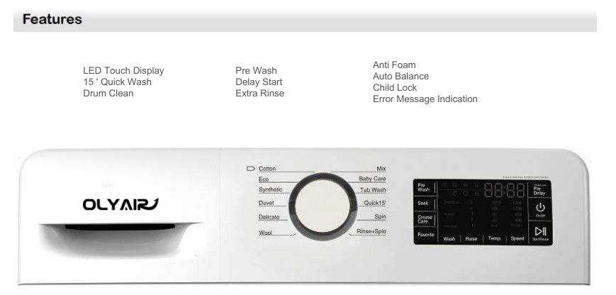 Front loading washing machine 6kg with LED display A+++ 6/7/8kg