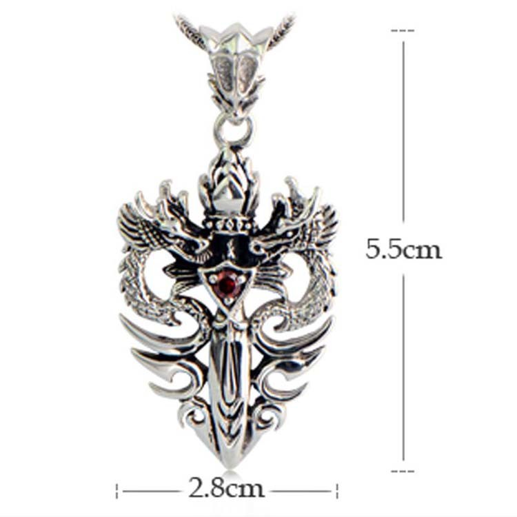 Sterling Silver Wheat Chain Necklace with Silver Vintage Double Dragon Dagger Amulet(N06030812-S)