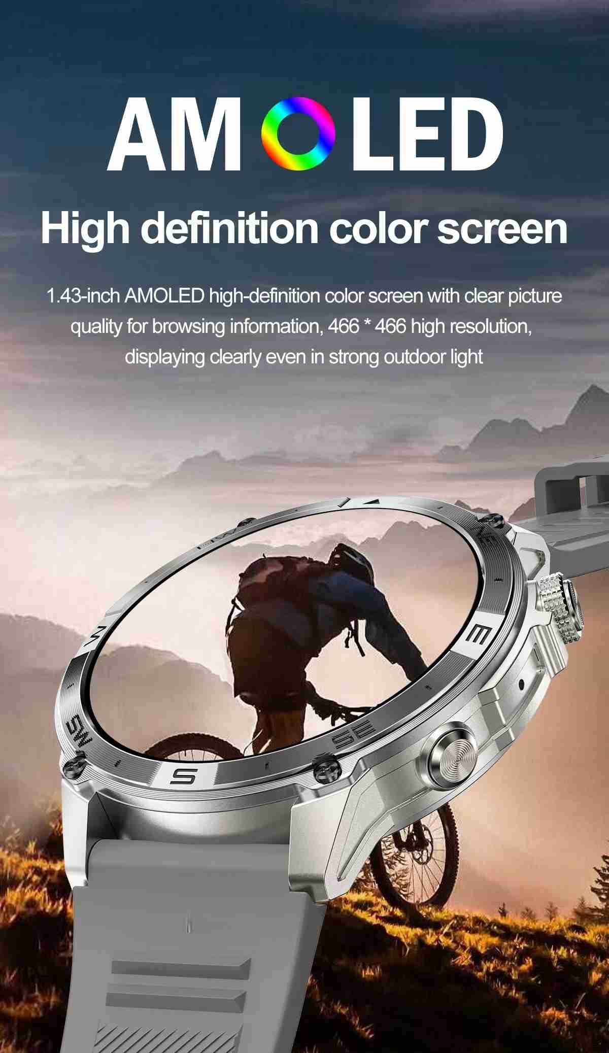 HK08 Android Sport Smart Watch 1.43inch Amoled Outdoor GPS and Altitude Waterproof