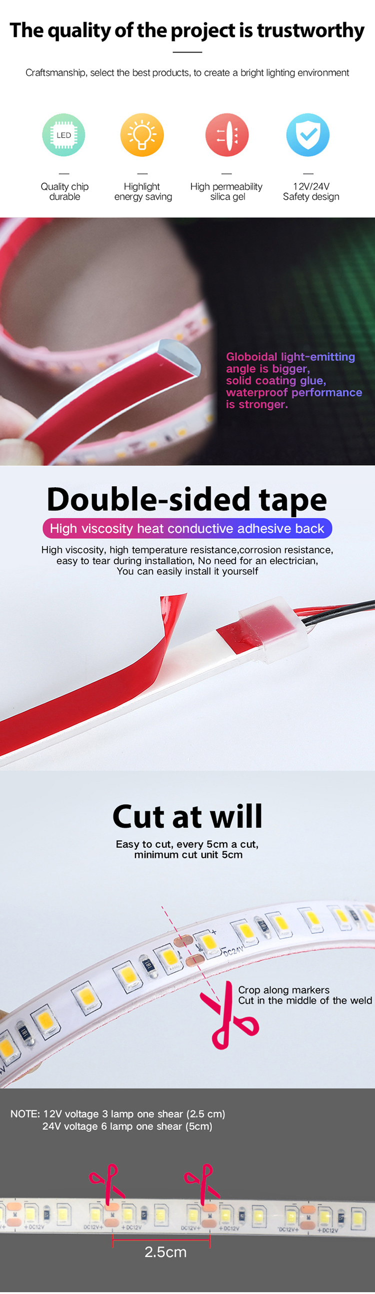 IP68 Weatherproof Dimmable 12V/24V LED Light Strip with 50000 Working Lifetime and CRI 90