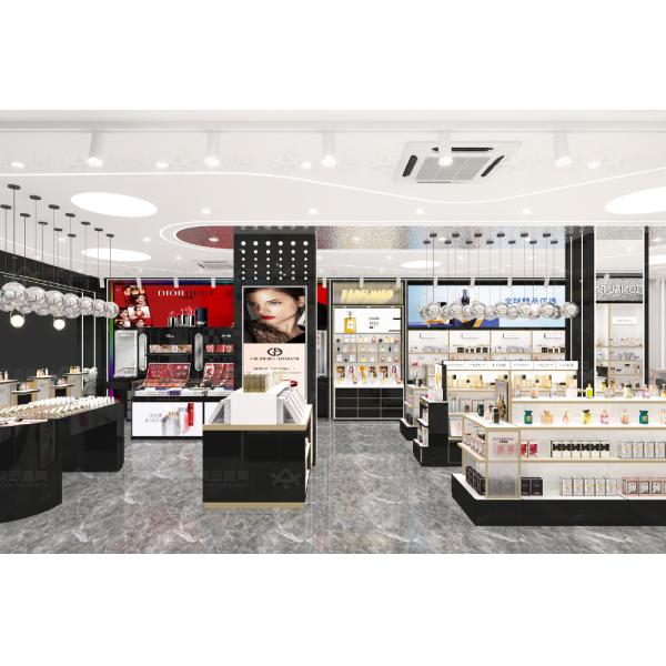 Beauty Shop Interior Design Black Gold Laminated Board Cosmetic Display Rack for Retail Store Display and Skincare Shop Decoration