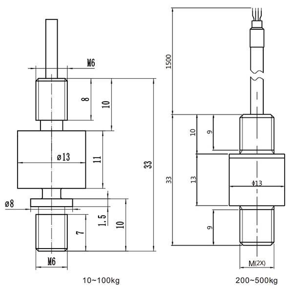 Miniature tension and compression load cell 3kg to 500kg dimension